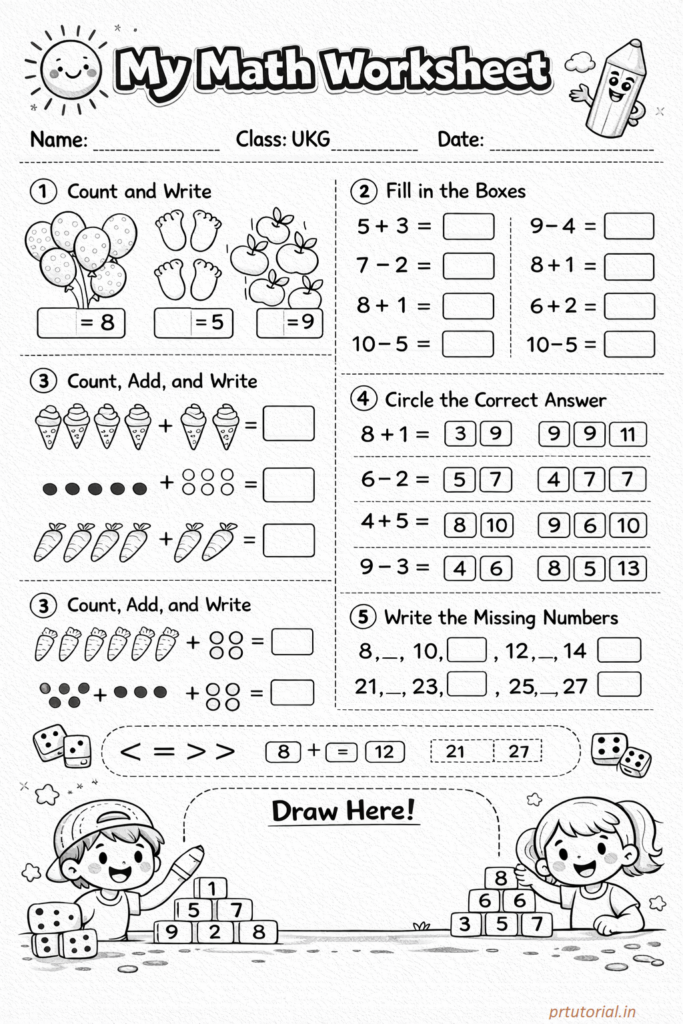 Addition worksheet for UKG