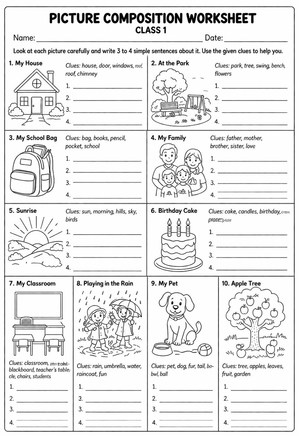 Picture Composition Worksheet for Class 1
