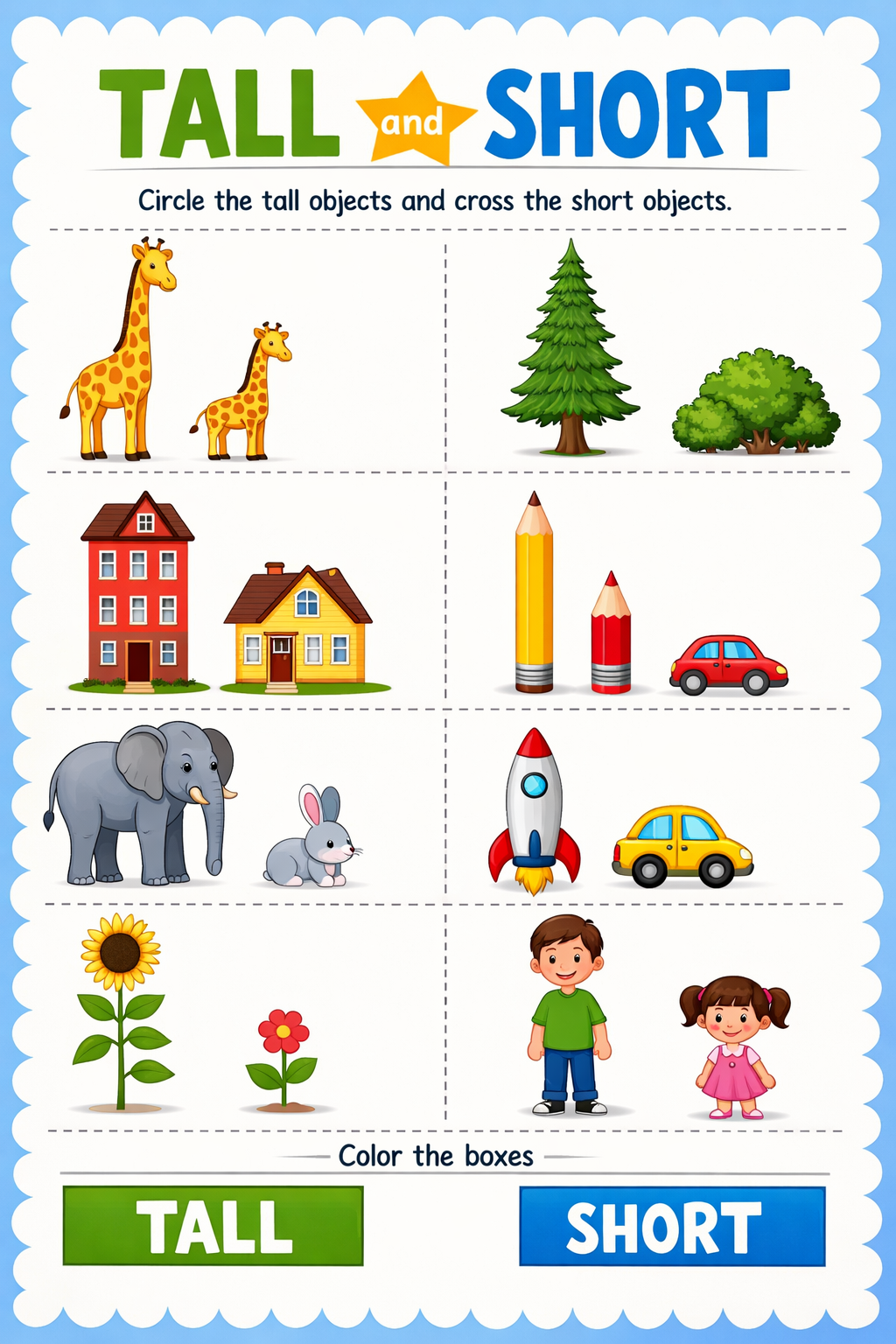 Tall and Short Worksheet for LKG: Fun Size Comparison Activities