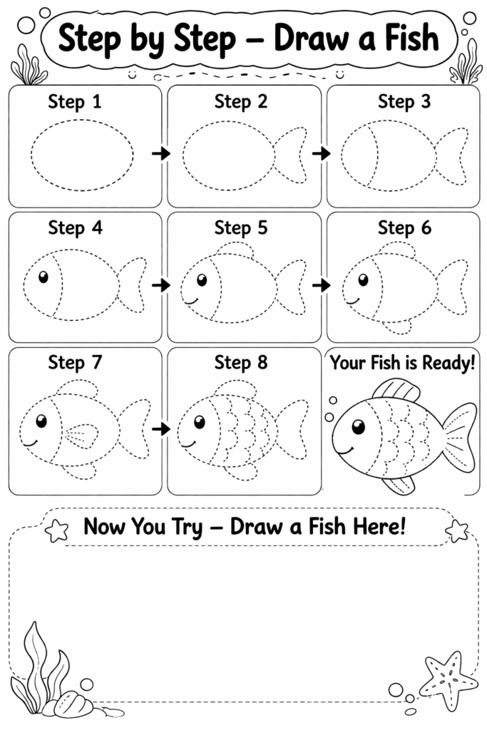 step by step fish drawing