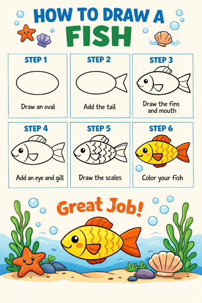 step by step fish drawing