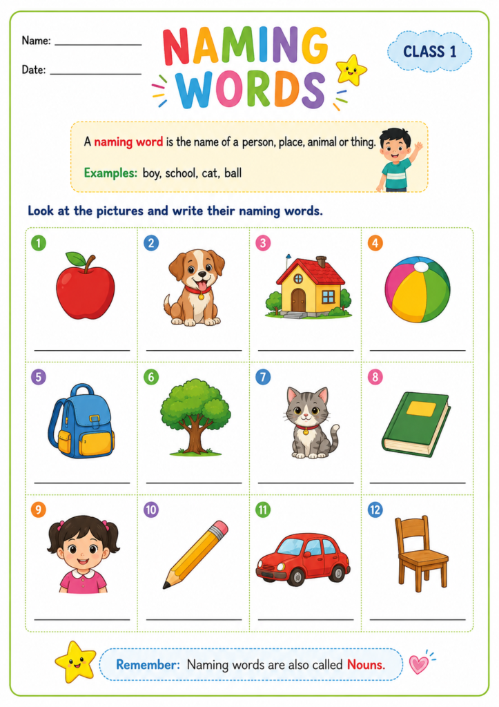 Naming Words Worksheet for Class 1