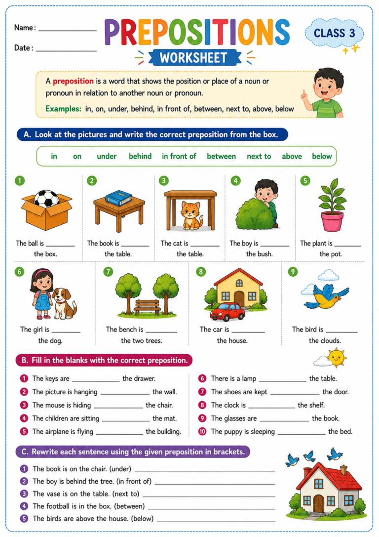 prepositions worksheet for class 3