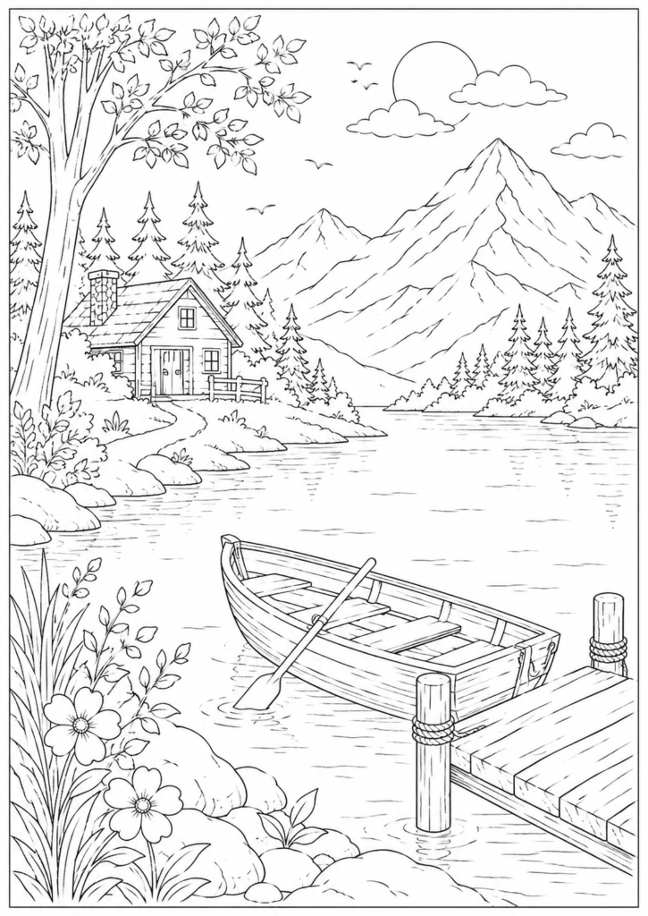 Village River Boat Drawing for Kids 