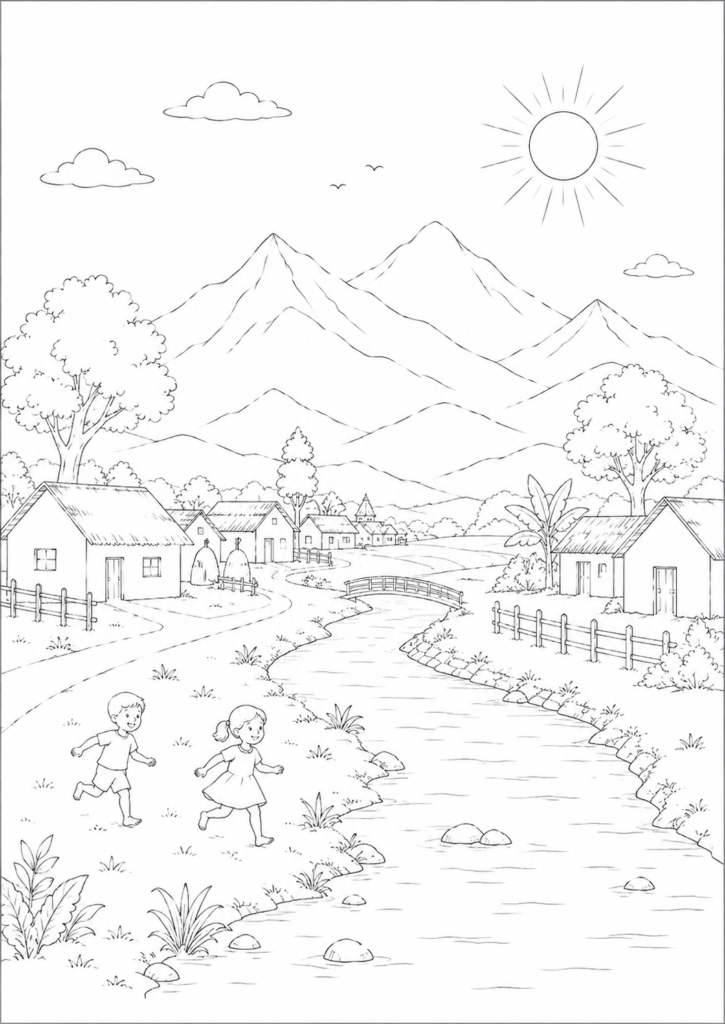 Village River Boat Drawing for Kids 